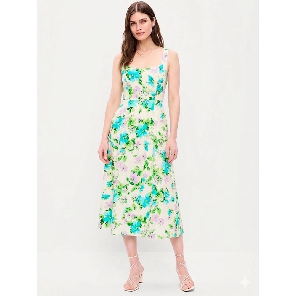 Old Navy Midi Dress Womens L White Floral Linen Blend Smocked Back Sleeveless